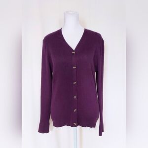 Grace Karin Size Large Button Down V Neck Ribbed Knit Cardigan Sweater Purple